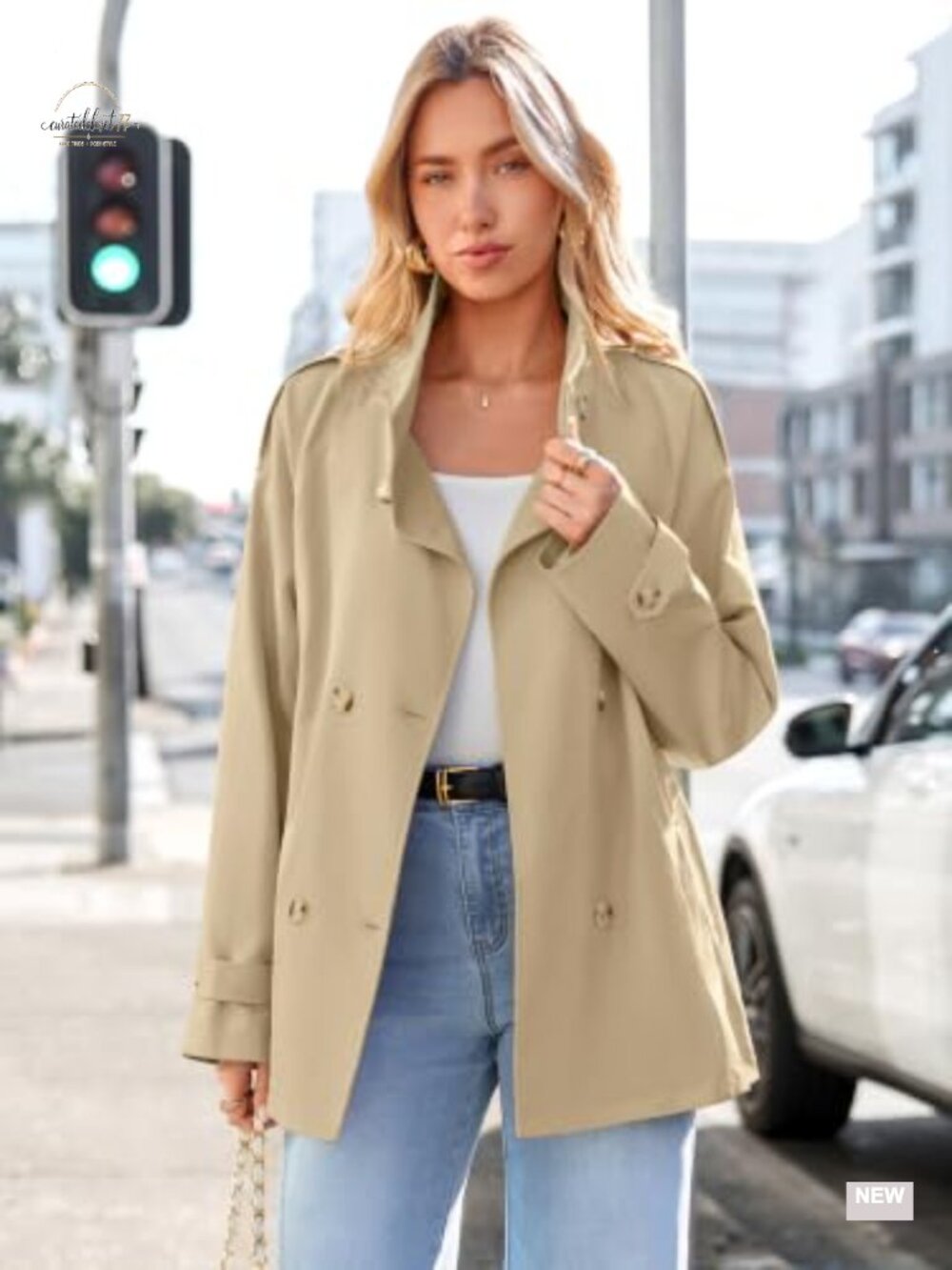Women's Short Trench Coat Double Breasted Belted Water Repellent Twill - Picture 5 of 6